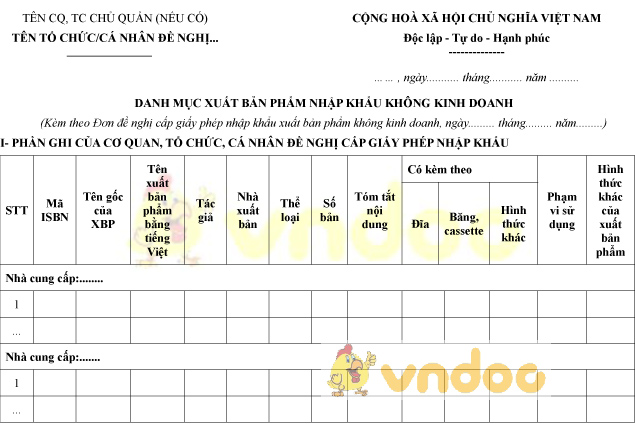 Mẫu danh mục xuất bản phẩm nhập khẩu không kinh doanh