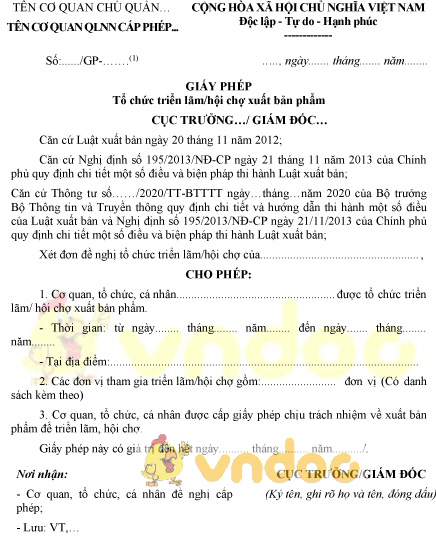 Mẫu giấy phép tổ chức triển lãm, hội chợ xuất bản phẩm