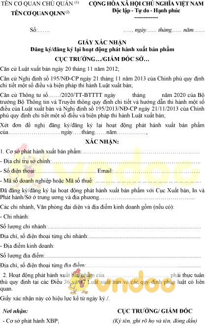Mẫu giấy xác nhận đăng ký, đăng ký lại hoạt động phát hành xuất bản phẩm