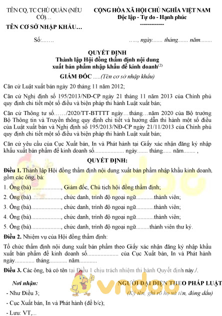 Mẫu quyết định thành lập hội đồng thẩm định nội dung xuất bản phẩm nhập khẩu để kinh doanh