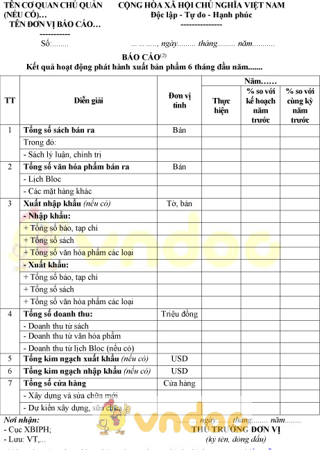 Mẫu báo cáo kết quả hoạt động phát hành xuất bản phẩm 6 tháng đầu năm