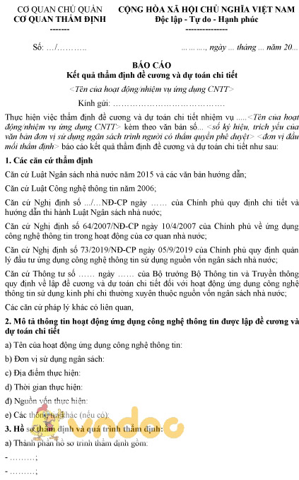 Mẫu báo cáo kết quả thẩm định đề cương và dự toán chi tiết