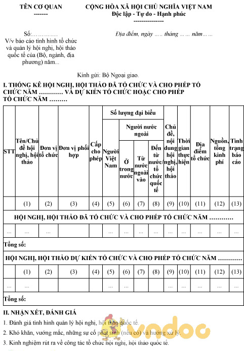 Mẫu báo cáo tổng kết năm về công tác tổ chức và quản lý hội nghị, hội thảo quốc tế