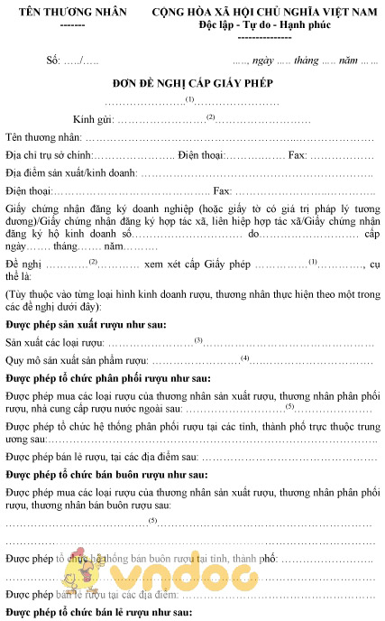 Mẫu đơn đề nghị cấp giấy phép kinh doanh rượu