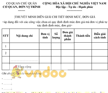 Mẫu thuyết minh, diễn giải chi tiết định mức, đơn giá