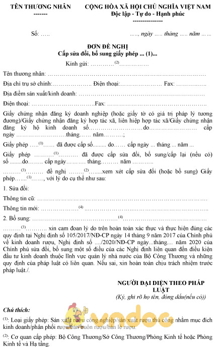 Mẫu đơn đề nghị cấp sửa đổi, bổ sung giấy phép kinh doanh rượu