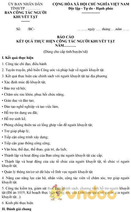 Mẫu báo cáo kết quả thực hiện công tác người khuyết tật dùng cho cấp tỉnh, huyện, xã