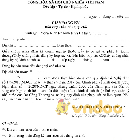 Mẫu giấy đăng ký bán rượu tiêu dùng tại chỗ