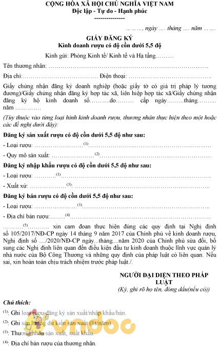Mẫu giấy đăng ký kinh doanh rượu có độ cồn dưới 5,5 độ