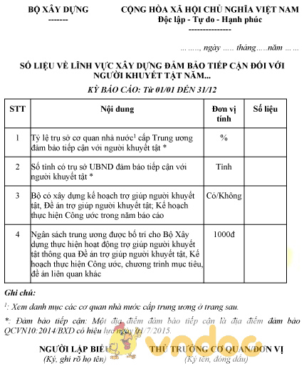 Mẫu số liệu về lĩnh vực xây dựng đảm bảo tiếp cận đối với người khuyết tật