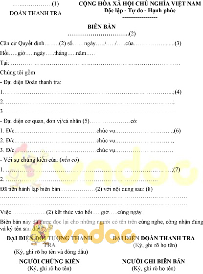 Mẫu biên bản thanh tra của Bộ Công an