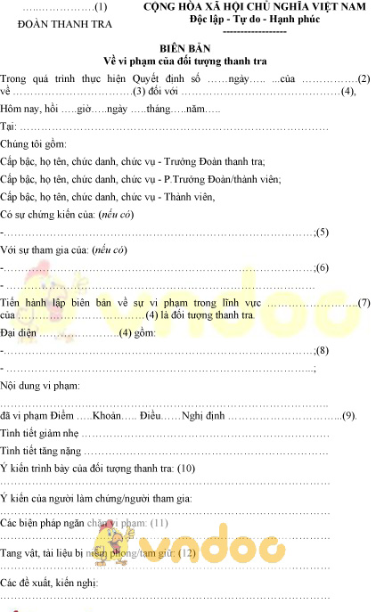 Mẫu biên bản về vi phạm của đối tượng thanh tra của Bộ Công an