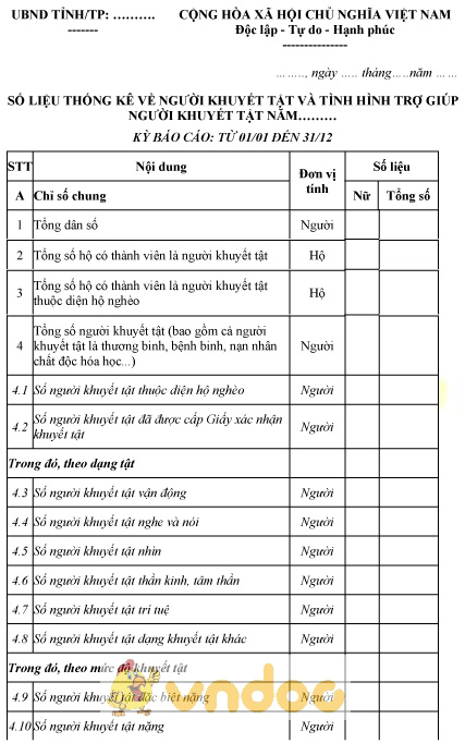 Mẫu số liệu thống kê về người khuyết tật và tình hình trợ giúp người khuyết tật