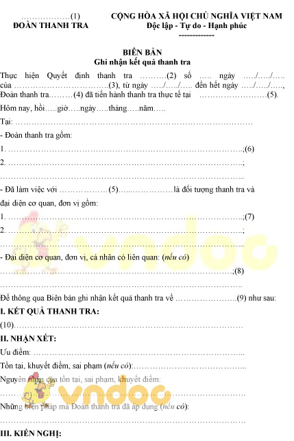 Mẫu biên bản ghi nhận kết quả thanh tra