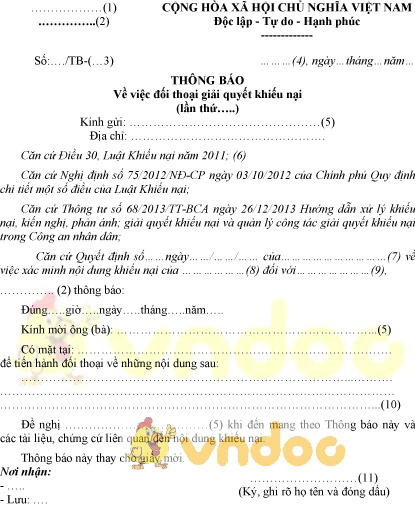 Mẫu thông báo đối thoại giải quyết khiếu nại của Bộ Công an