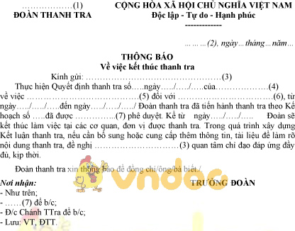 Mẫu thông báo về việc kết thúc thanh tra