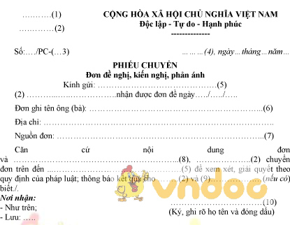 Mẫu phiếu chuyển đơn đề nghị, kiến nghị, phản ánh của Bộ Công an