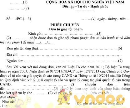 Mẫu phiếu chuyển đơn tố giác tội phạm của Bộ Công an