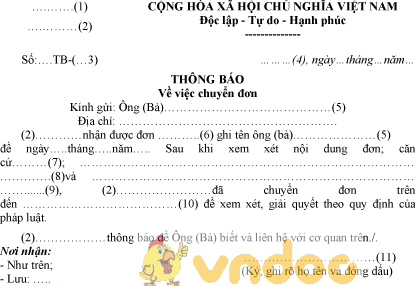 Mẫu thông báo về việc chuyển đơn