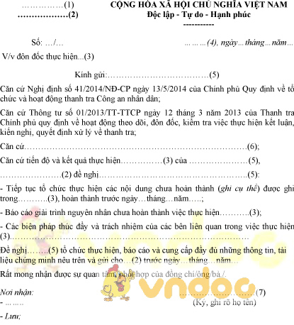 Mẫu công văn đôn đốc thực hiện kết luận, kiến nghị về thanh tra của Bộ Công an