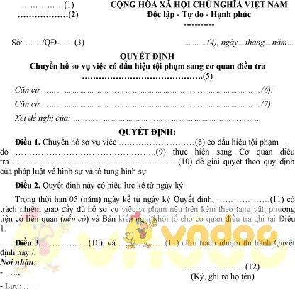 Mẫu quyết định chuyển hồ sơ vụ việc có dấu hiệu tội phạm sang Cơ quan điều tra của Bộ Công an