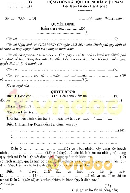 Mẫu quyết định kiểm tra về kết luận, kiến nghị của Bộ Công an