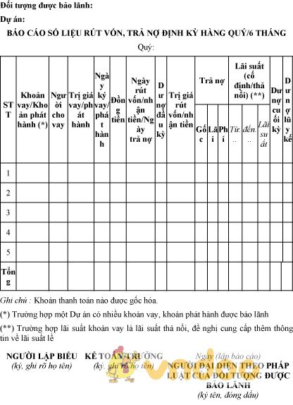 Mẫu báo cáo số liệu rút vốn, trả nợ định kỳ hàng quý