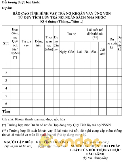 Mẫu báo cáo tình hình vay trả nợ khoản vay ứng vốn từ quỹ tích lũy trả nợ, ngân sách nhà nước