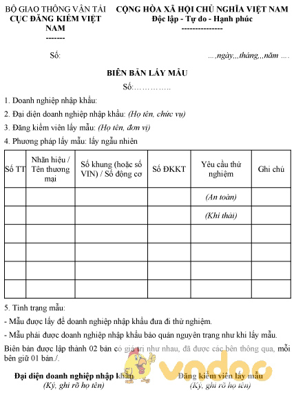 Mẫu biên bản lấy mẫu xe cơ giới