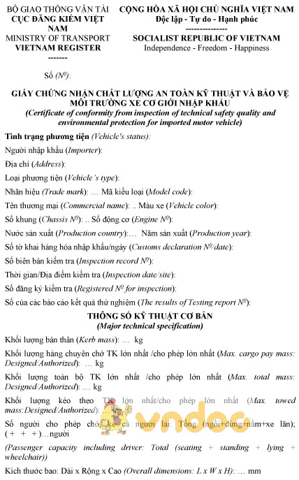 Mẫu giấy chứng nhận chất lượng an toàn kỹ thuật và bảo vệ môi trường xe cơ giới nhập khẩu