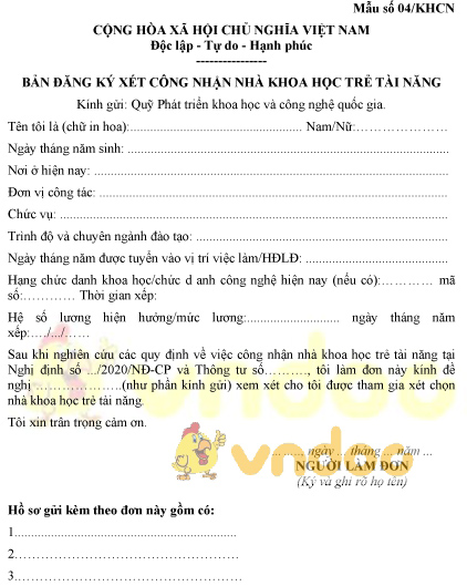 Mẫu số 04/KHCN: Bản đăng ký xét công nhận nhà khoa học trẻ tài năng