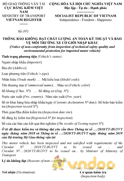 Mẫu thông báo không đạt chất lượng an toàn kỹ thuật và bảo vệ môi trường xe cơ giới nhập khẩu