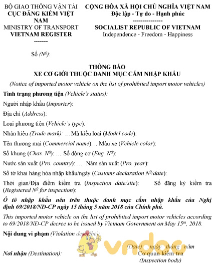 Mẫu thông báo xe cơ giới thuộc danh mục cấm nhập khẩu