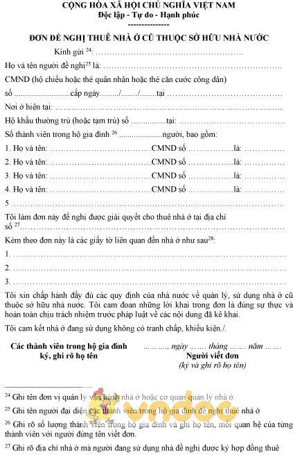 Mẫu đơn đề nghị thuê nhà ở cũ thuộc sở hữu nhà nước