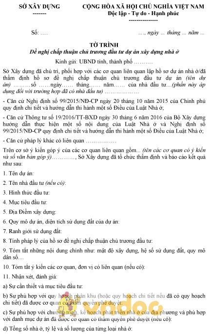 Mẫu tờ trình đề nghị chấp thuận chủ trương đầu tư dự án xây dựng nhà ở
