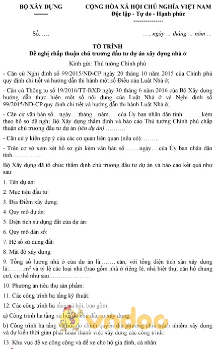 Mẫu tờ trình đề nghị chấp thuận chủ trương đầu tư dự án xây dựng nhà ở của Bộ Xây dựng