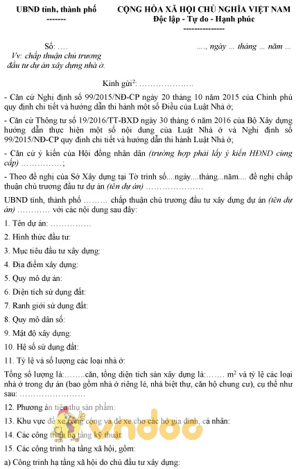 Mẫu văn bản chấp thuận chủ trương đầu tư dự án xây dựng nhà ở của UBND tỉnh, thành phố