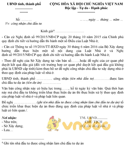 Mẫu văn bản công nhận chủ đầu tư dự án xây dựng nhà ở