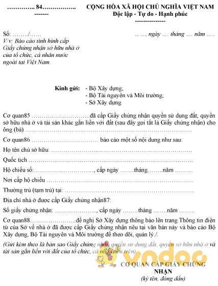 Mẫu báo cáo tình hình cấp GCN sở hữu nhà ở của tổ chức, cá nhân nước ngoài tại Việt Nam