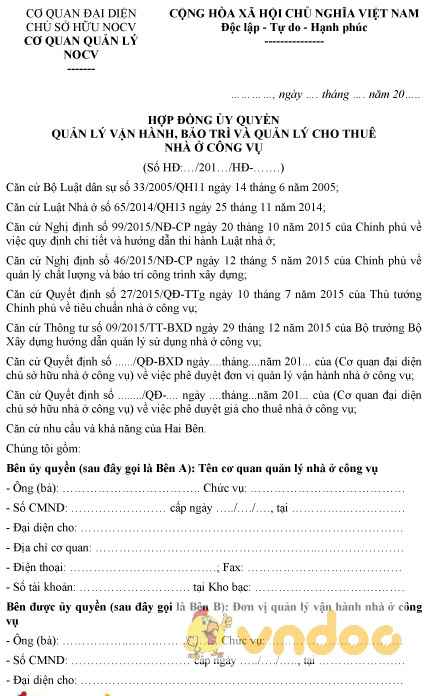 Mẫu hợp đồng ủy quyền quản lý vận hành, bảo trì và quản lý cho thuê nhà ở công vụ