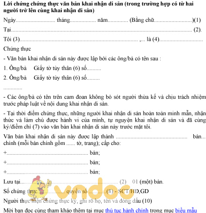 Mẫu lời chứng chứng thực văn bản khai nhận di sản