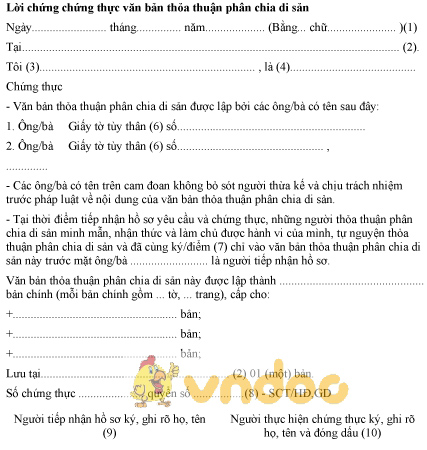 Mẫu lời chứng chứng thực văn bản thỏa thuận phân chia di sản