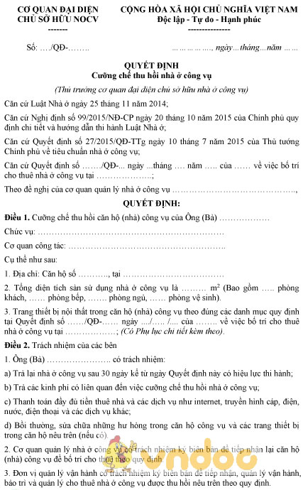Mẫu quyết định cưỡng chế thu hồi nhà ở công vụ