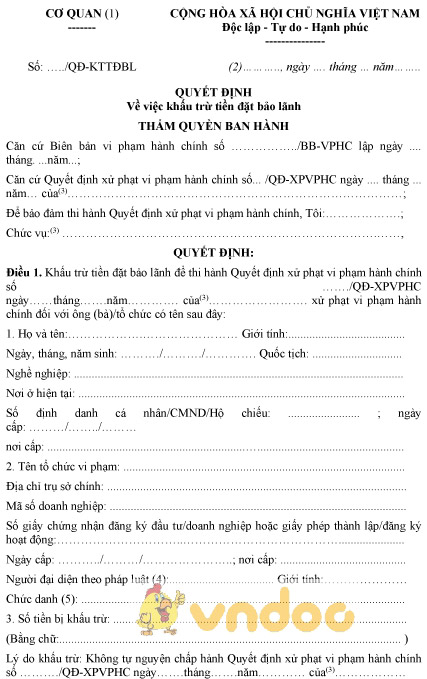 Mẫu quyết định khấu trừ tiền đặt bảo lãnh