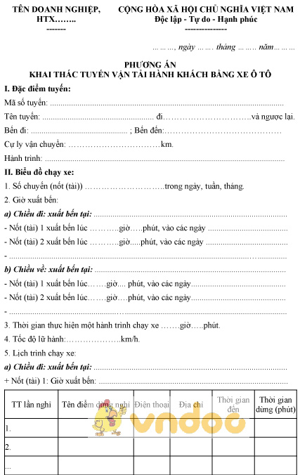 Mẫu phương án khai thác tuyến vận tải hành khách bằng xe ô tô