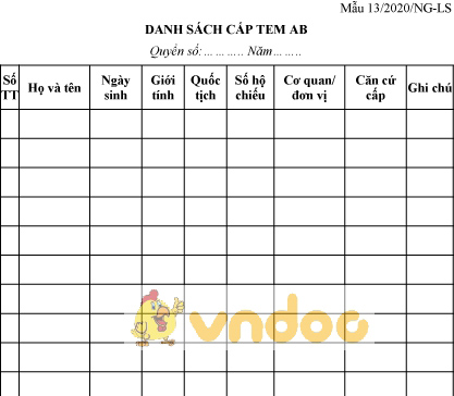 Mẫu số 13/2020/NG-LS: Danh sách cấp tem AB