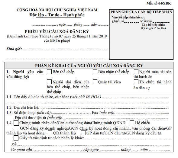 Phiếu yêu cầu xóa đăng ký