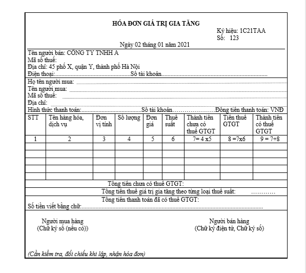 Mẫu hóa đơn giá trị gia tăng