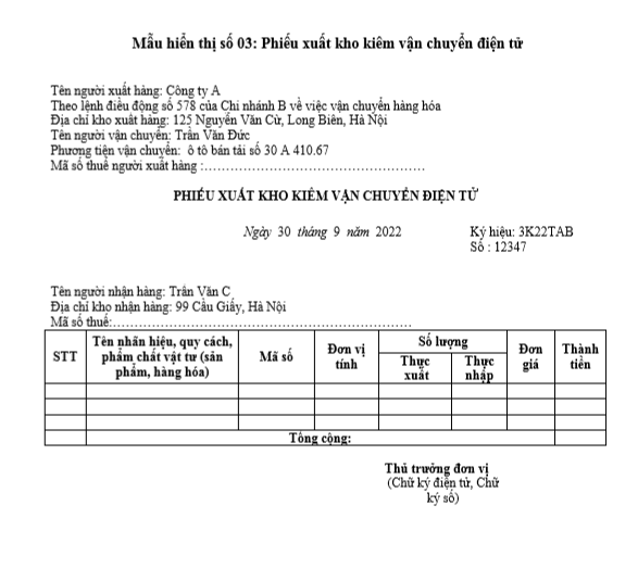 Mẫu Phiếu xuất kho kiêm vận chuyển điện tử