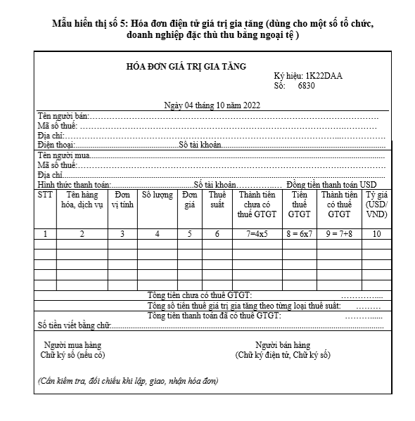 Hóa đơn điện tử GTGT dùng cho một số tổ chức, doanh nghiệp đặc thù bằng ngoại tệ